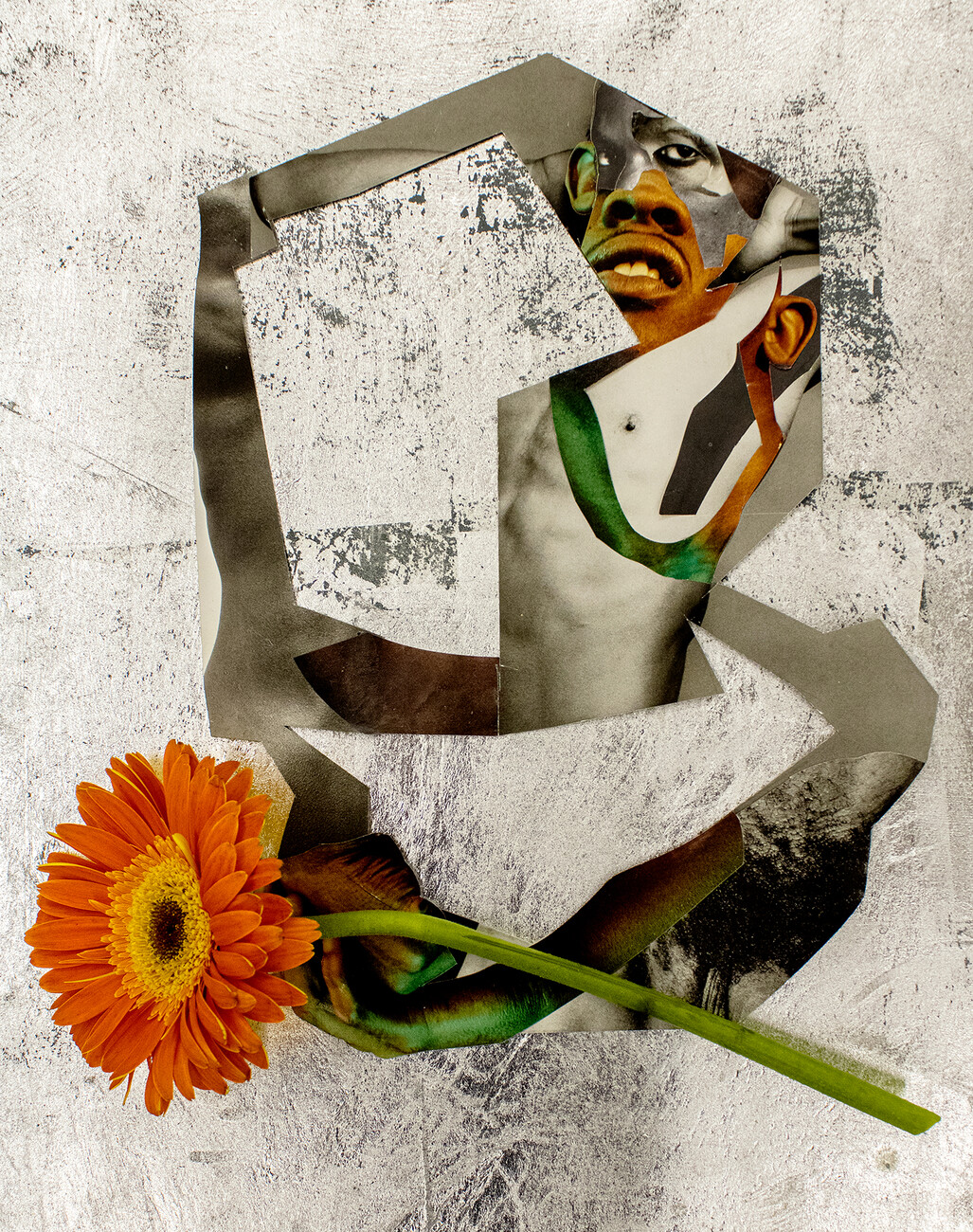 collage with gray fragments, face, and orange flower