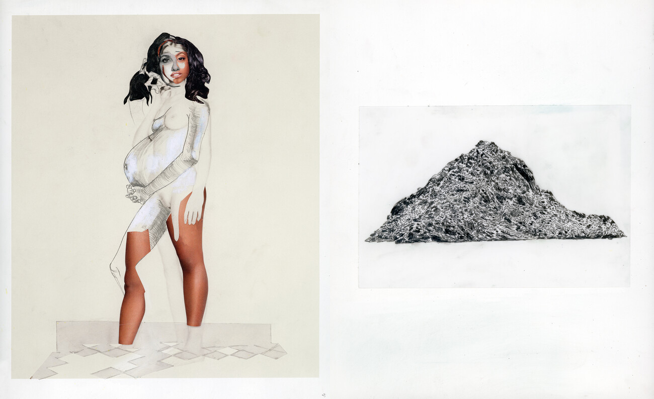 two collages, one of woman, and one of a pile