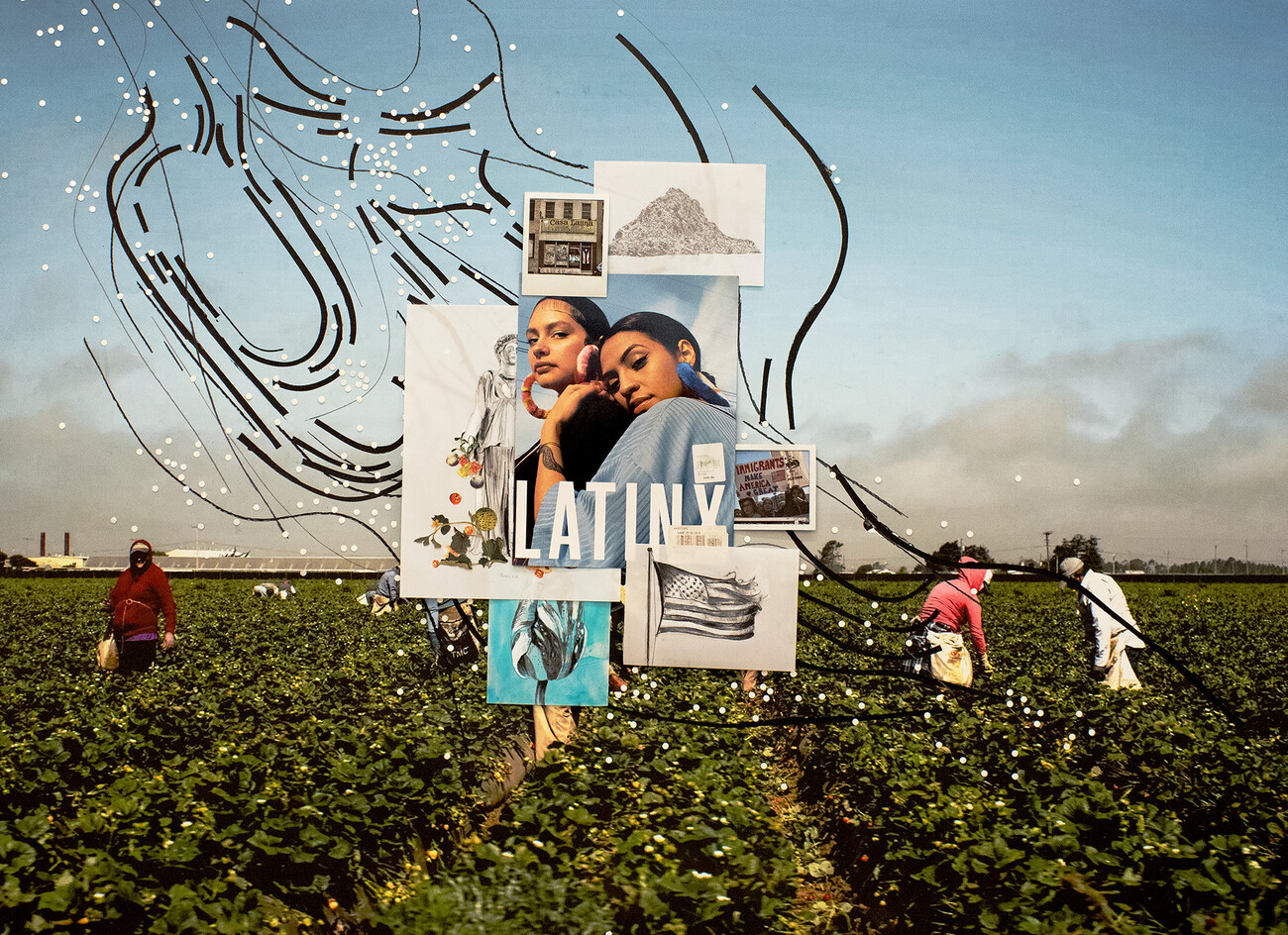 photograph of migrant workers in a field with images collaged on top
