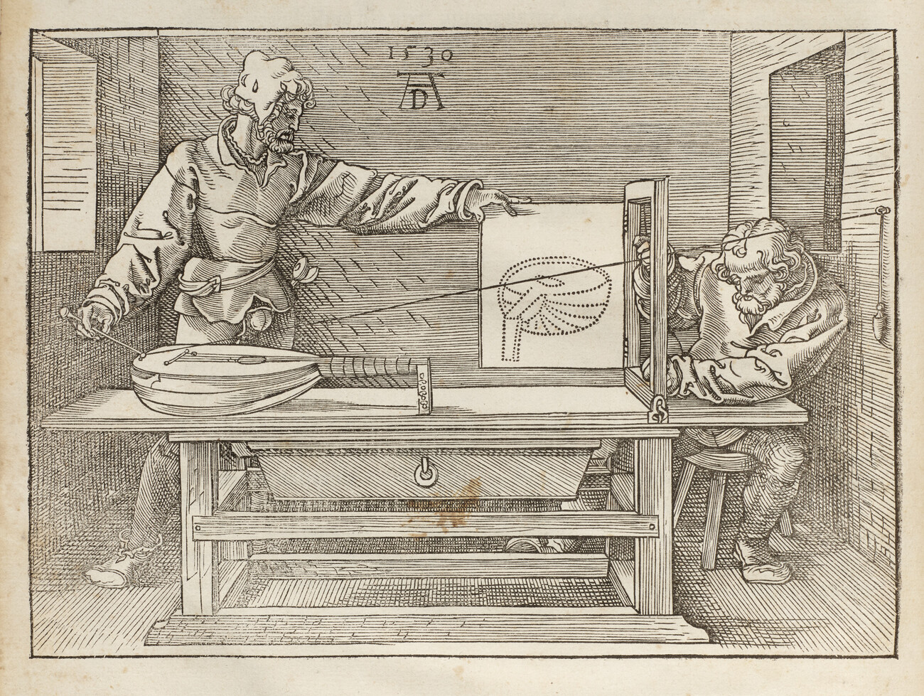 etching of two men with musical instruments showing perspective