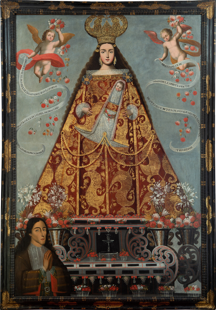 woman in triangular gilded robes and crown. holding child. two cherubs in top corners. man with long hair in bottom left corner.
