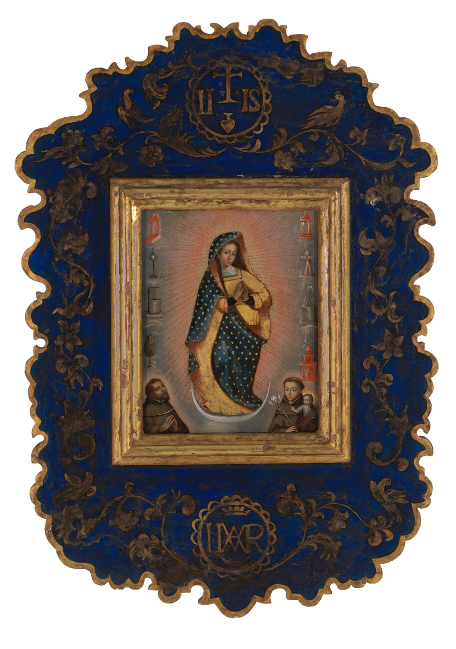 center: woman in gold and blue robes. bottom corners: two men looking up at woman. dark blue and gold carved ornate frame