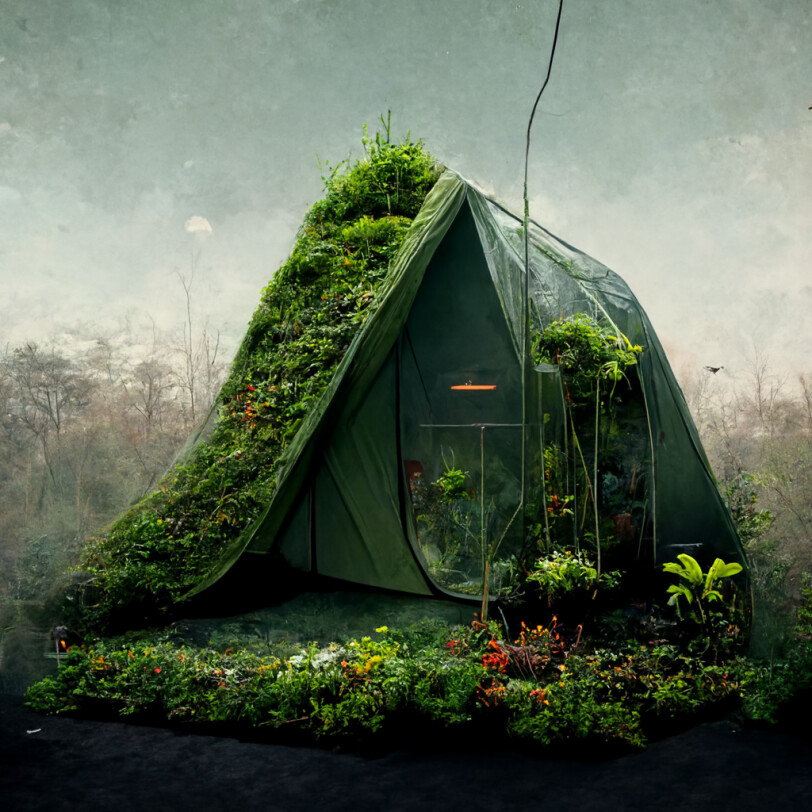 A tent dwelling with plants growing up its sides
