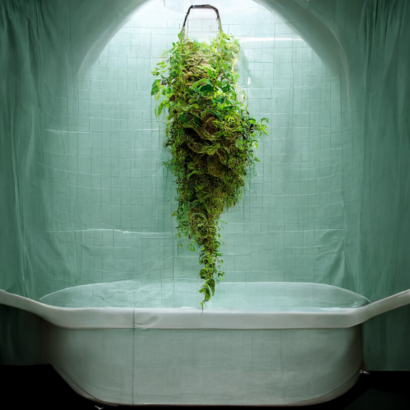 AI generated image of plants hanging over a bathtub