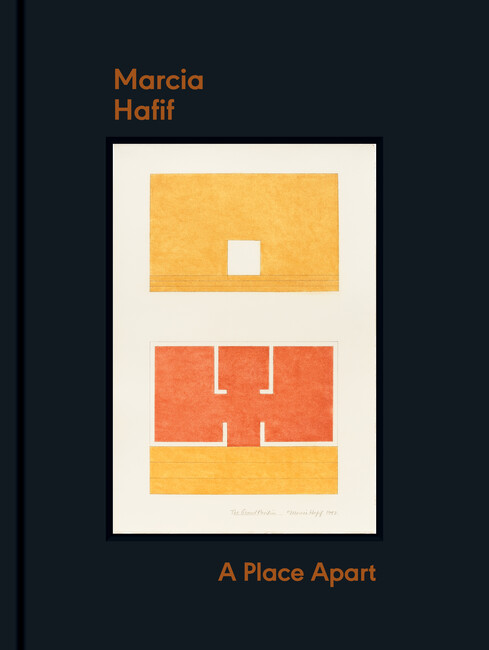 Catalogue cover for Marcia Hafif's exhibition A Place Part blue cover with artwork orange-yellow and orange colored design