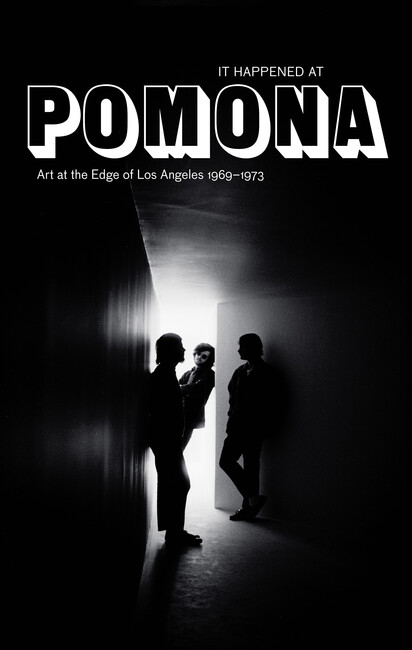 Cover image of the It Happened at Pomona exhibition catalogue in black lettering with black and white group photograph