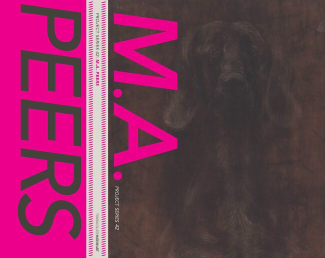 Cover and back spread of M.A. Peers exhibition catalogue with pink and brown and white spine