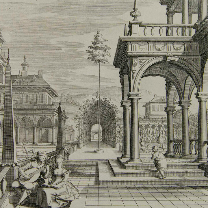Etching in black and white of people within outdoor architectural scene