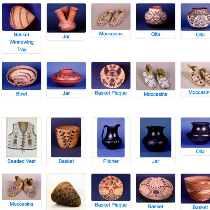 image of many object records from exhibition database. grid of baskets, vases, moccasins, dolls, and clothing