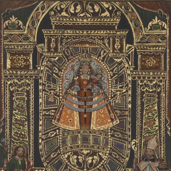 intricate gold and brown painting with woman in center and two males in bottom corners