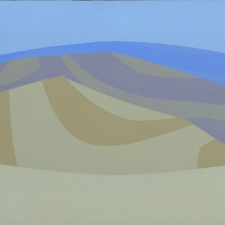 landscape painting of hills in blue, purple, and beige