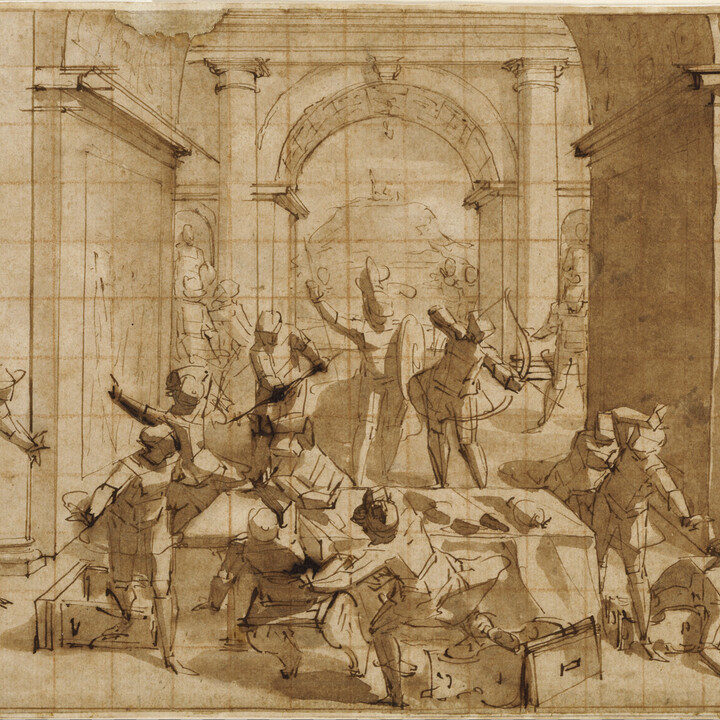 scene of unfinished figures and architectural features