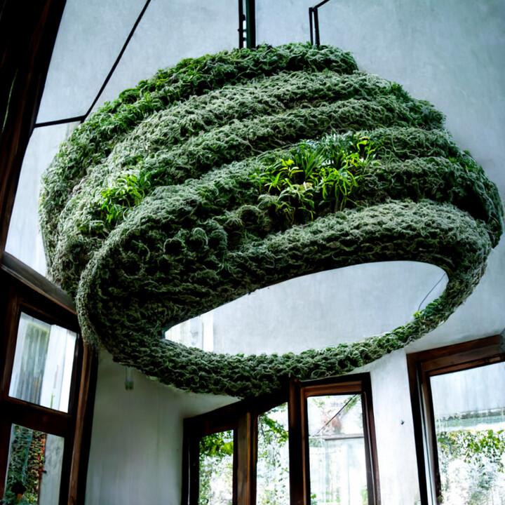 AI generated image of knitted sculpture with plants