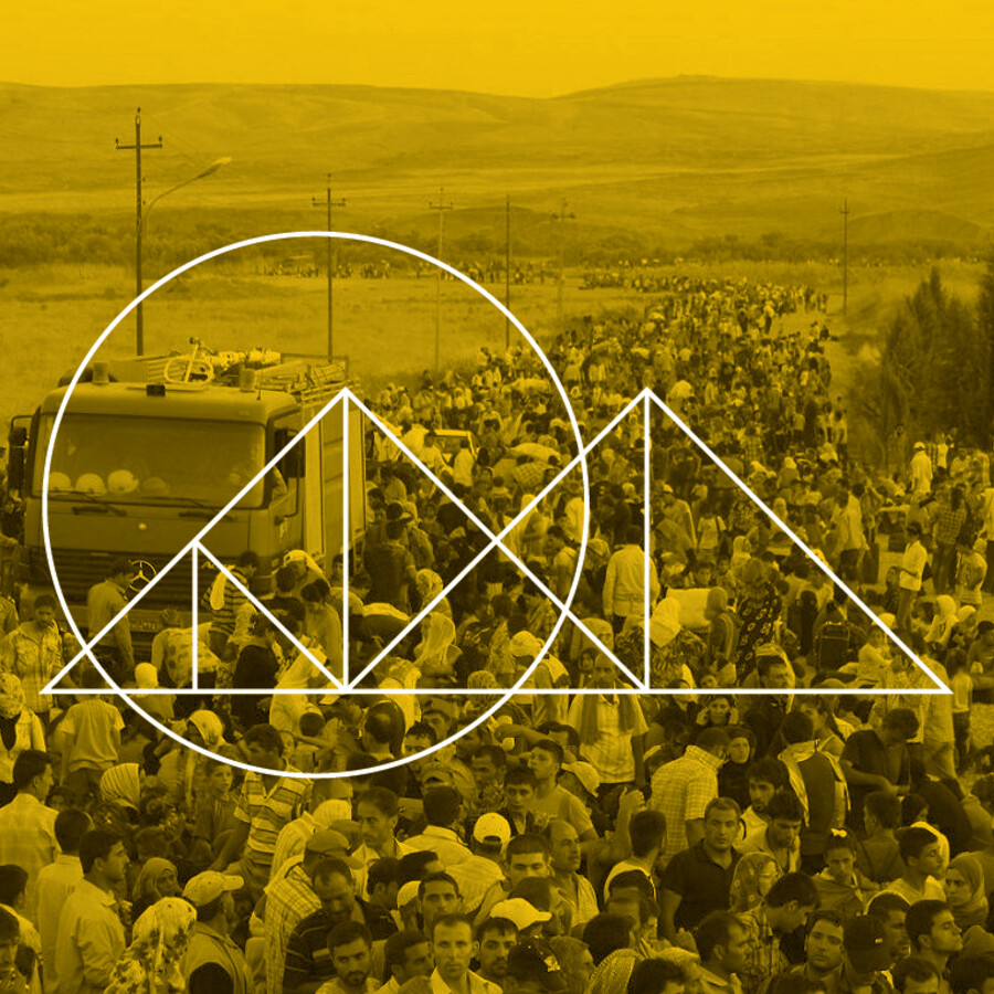 Yellow colorized photograph of a mass of people with white graphic in center