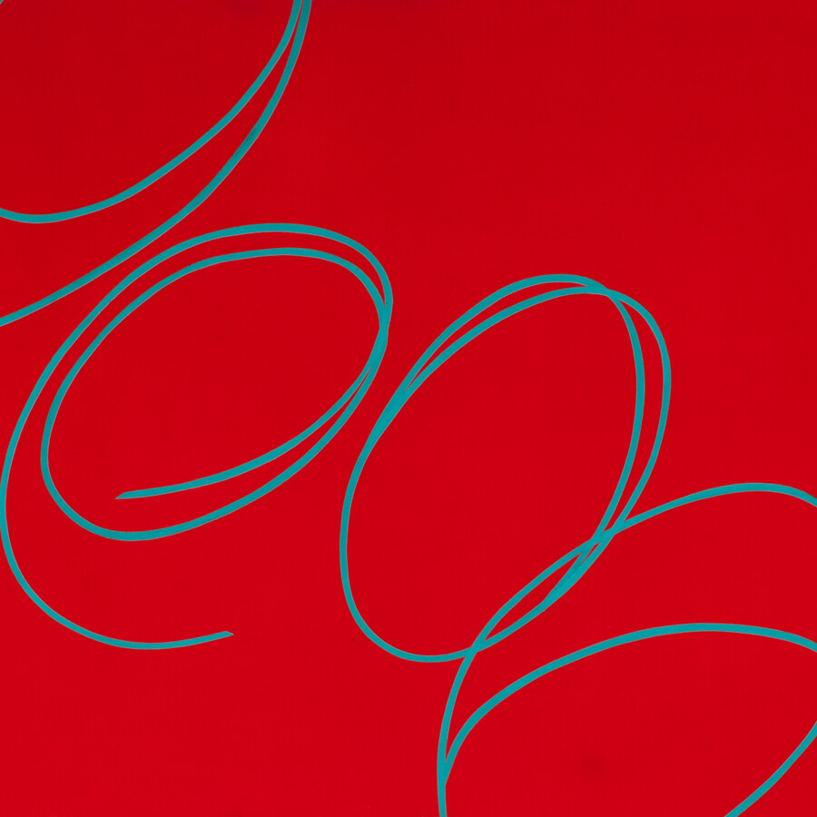 red painting with blue looping lines