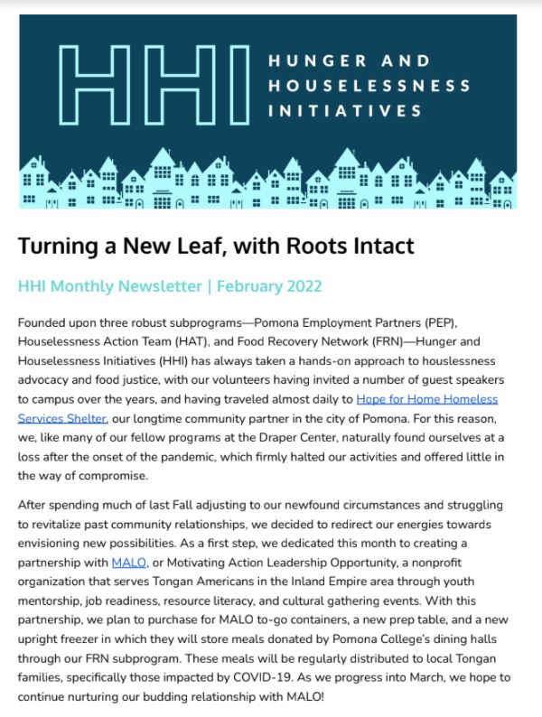 Hunger and Houselessness Initiatives Newsletter