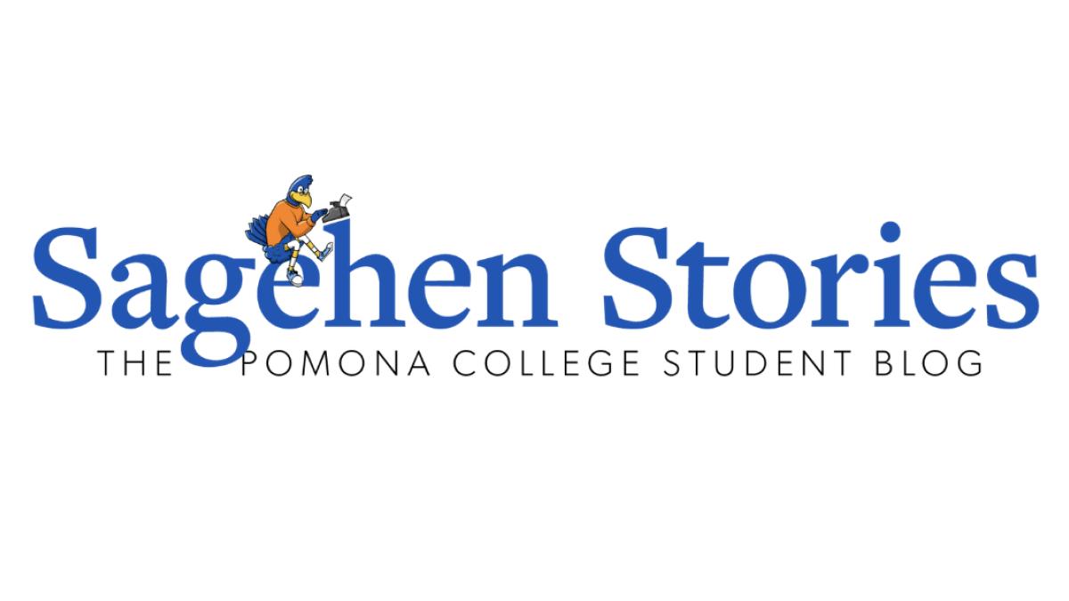 Sagehen Stories: The Pomona College Student Blog graphic depicting Cecil typing on a typewriter.