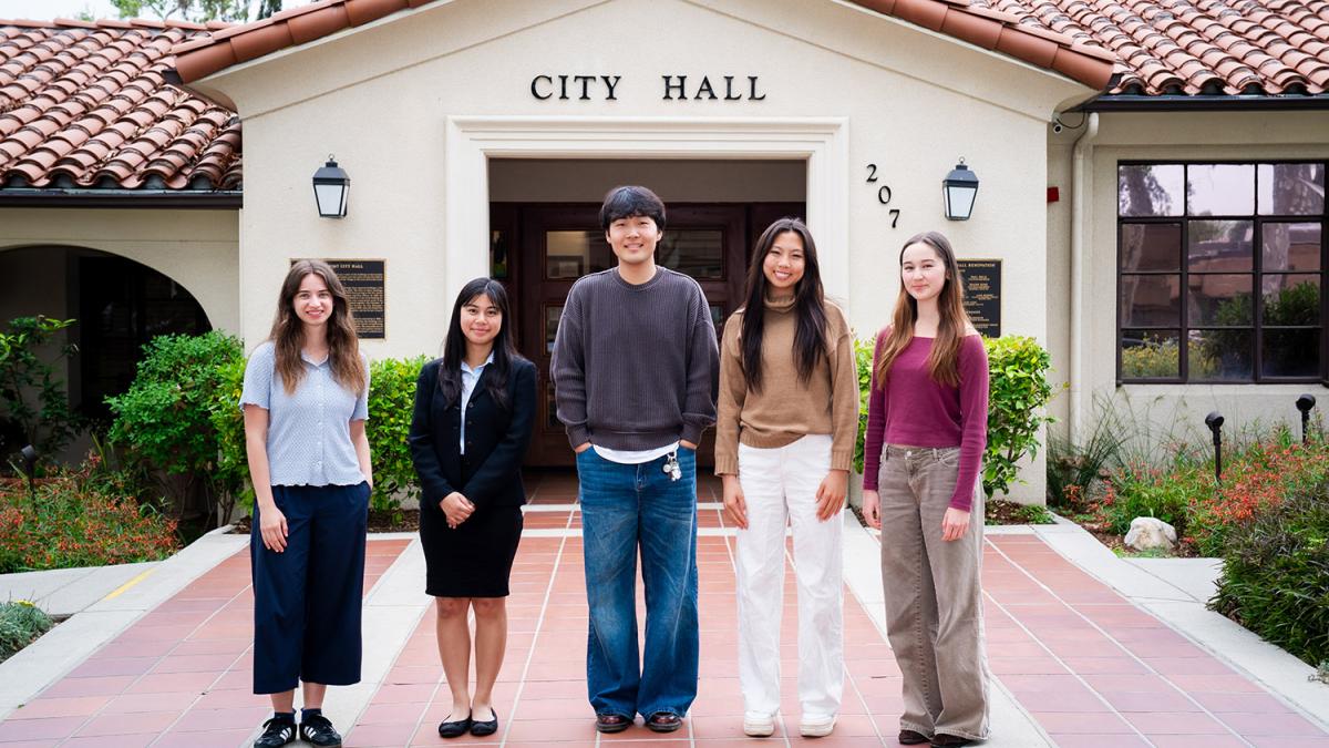 Five Pomona College interns standing outside in front of Claremont City Hall