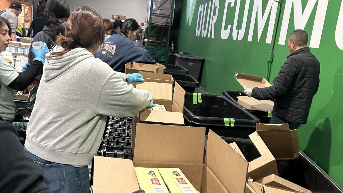 Students pack boxes with groceries