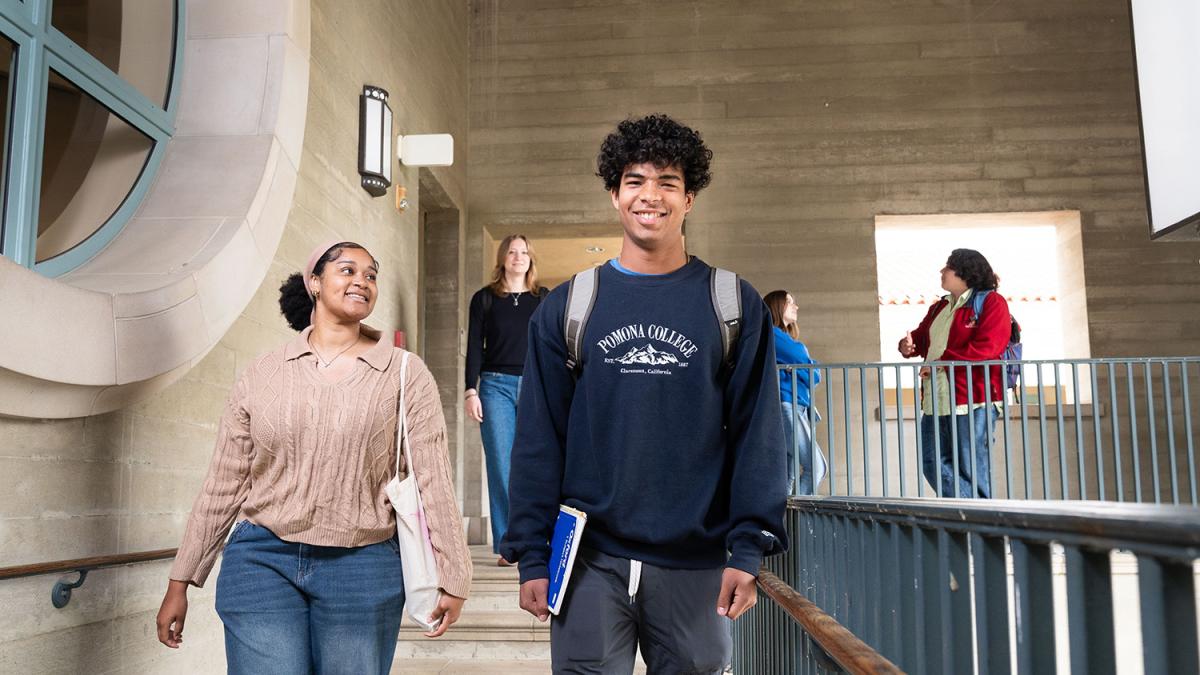 Pomona College students walking down stairs