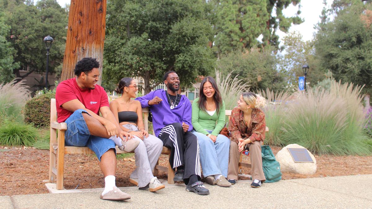 students sitting on a campus bench