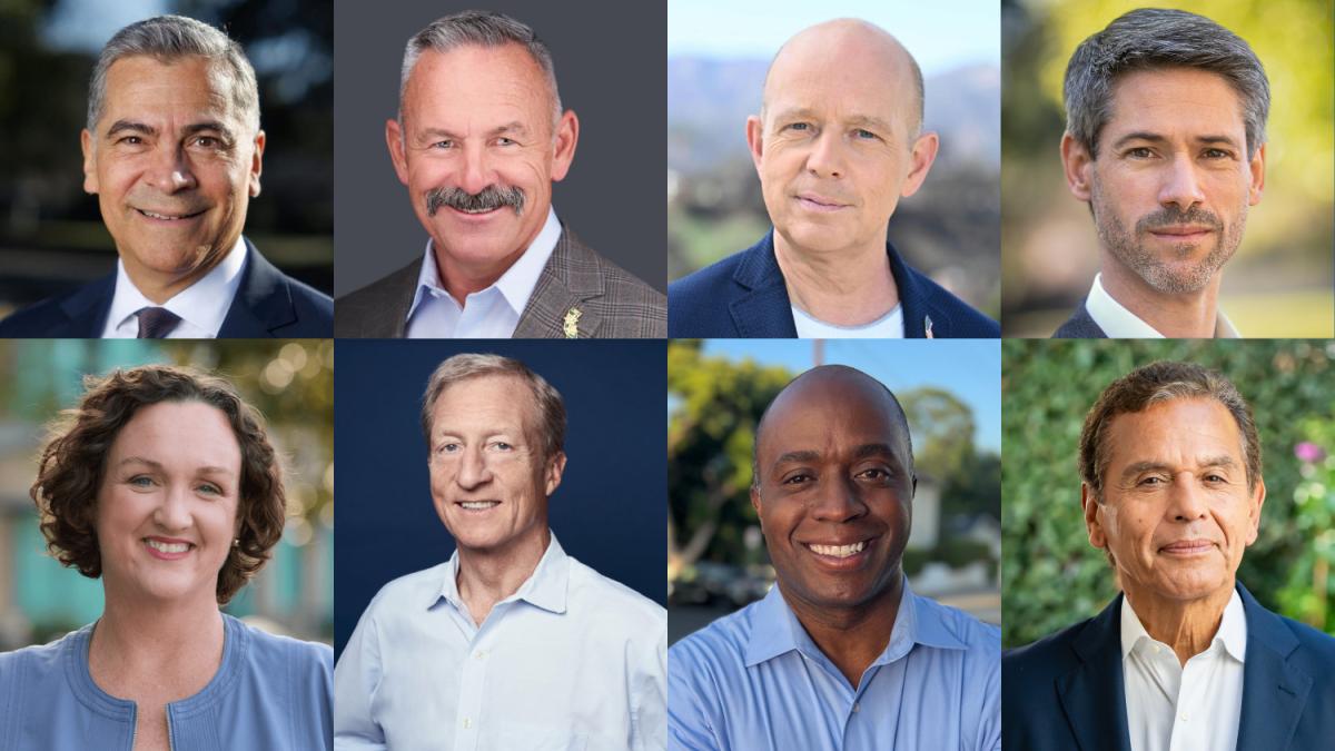 Portrait grid of the eight California gubernatorial candidates confirmed for the debate at Pomona College