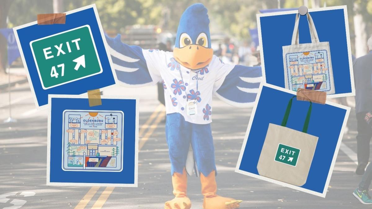 cecil the sagehen with poloroids of merch winners