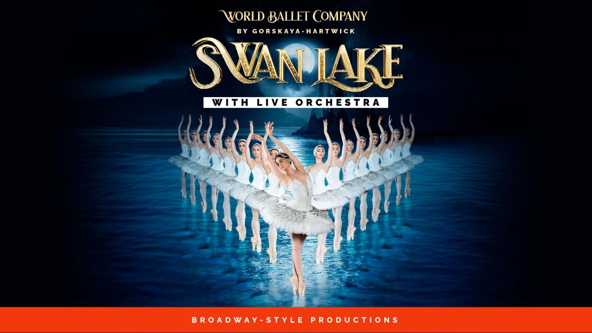 A group of Ballerinas wearing white tutus forms a v on a watery blue and black background. [text] Swan Lake, With live orchestra.
