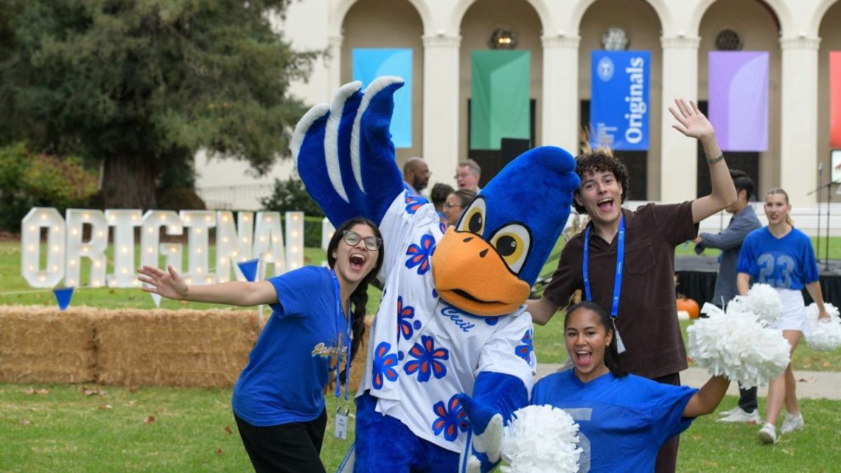 Pomona students and Cecil Sagehen cheer at the Originals Festival