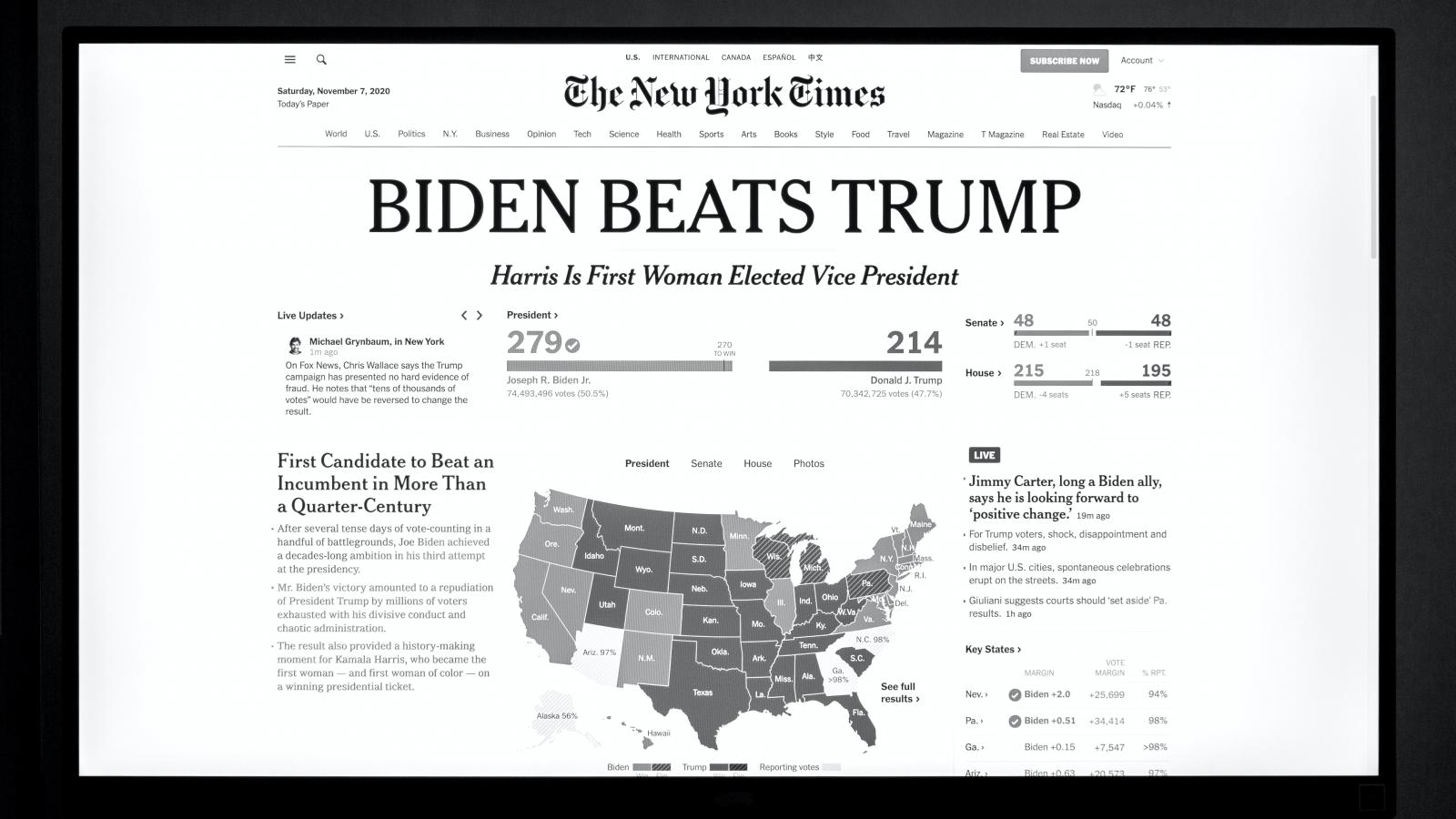 News article that says “Biden Beats Trump” 