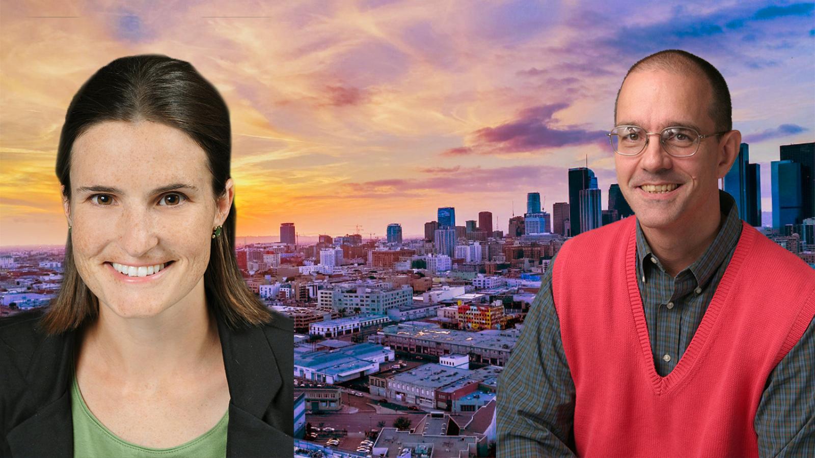 Headshots of Professors Heidi Nichols Haddad and Stephen Marks superimposed on L.A. skyline