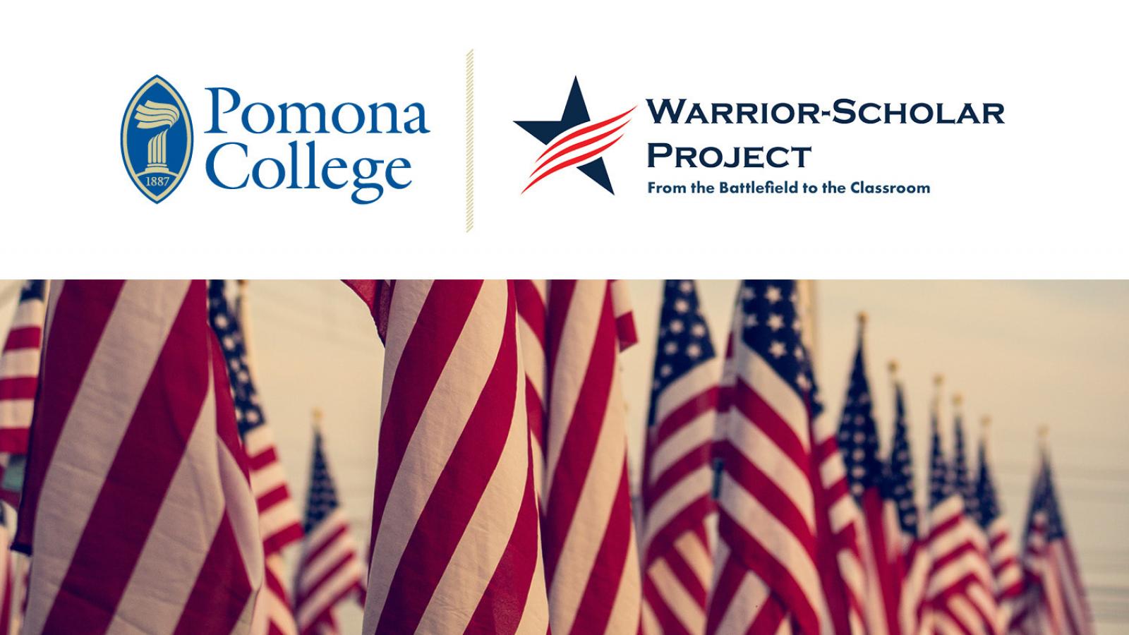 Pomona College and Warrior-Scholar Project logos and row of U.S. flags