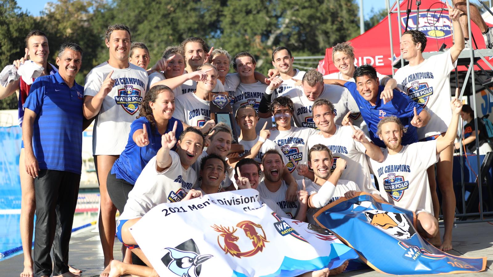 Pomona-Pitzer celebrates the USA Water Polo Div. III National Championship.