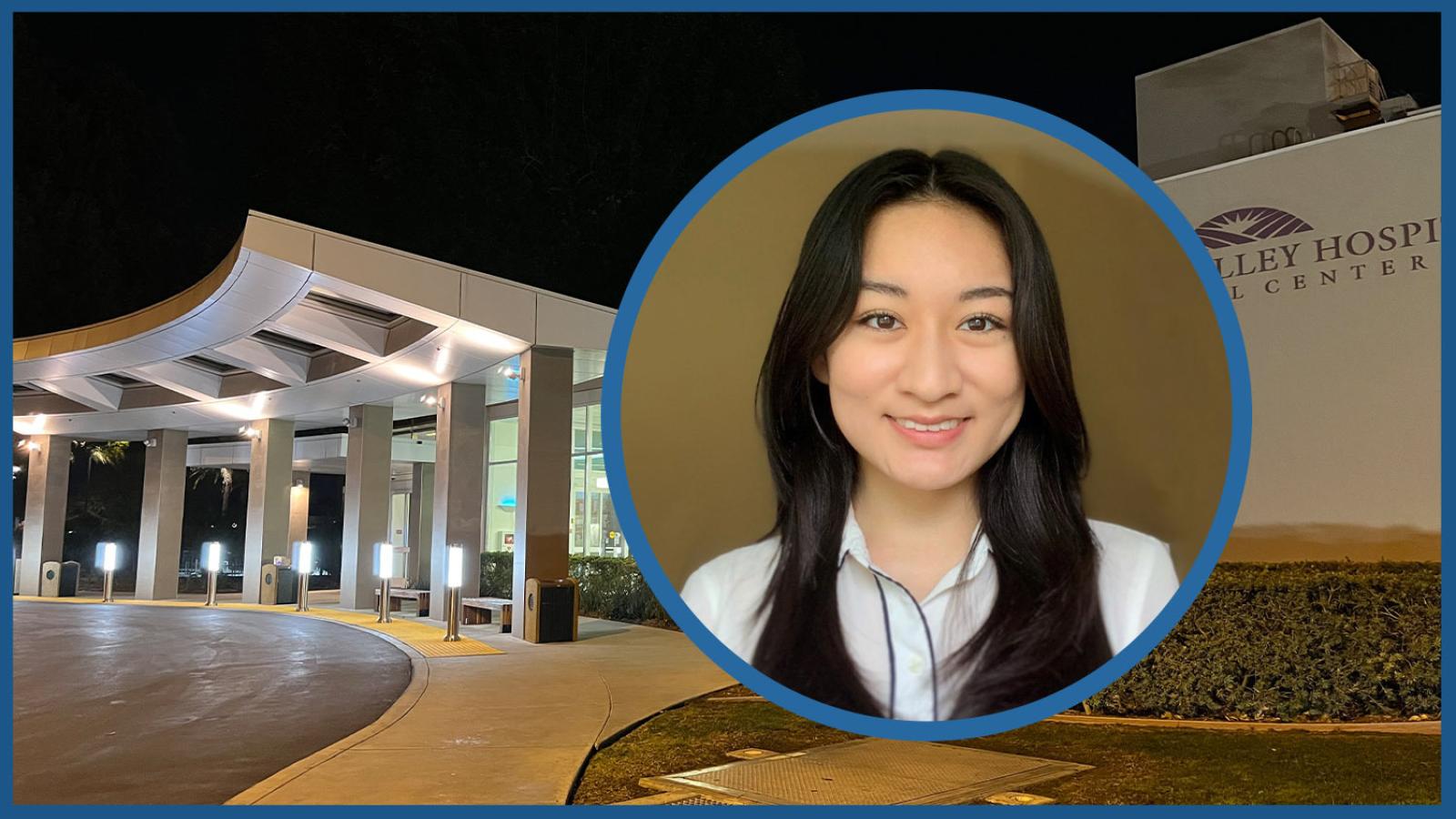 headshot of Angie Wang '23 with a background of a hospital