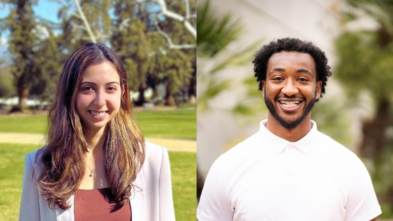 Rya Jetha and Mohammed Ahmad outside on Marsden Quad at Pomona College