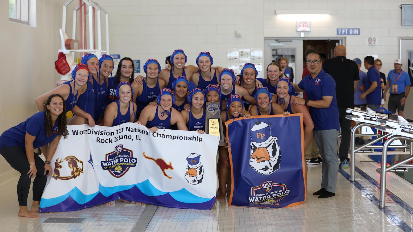 Pomona-Pitzer women's water polo with 2023 Division III national tournament trophy.