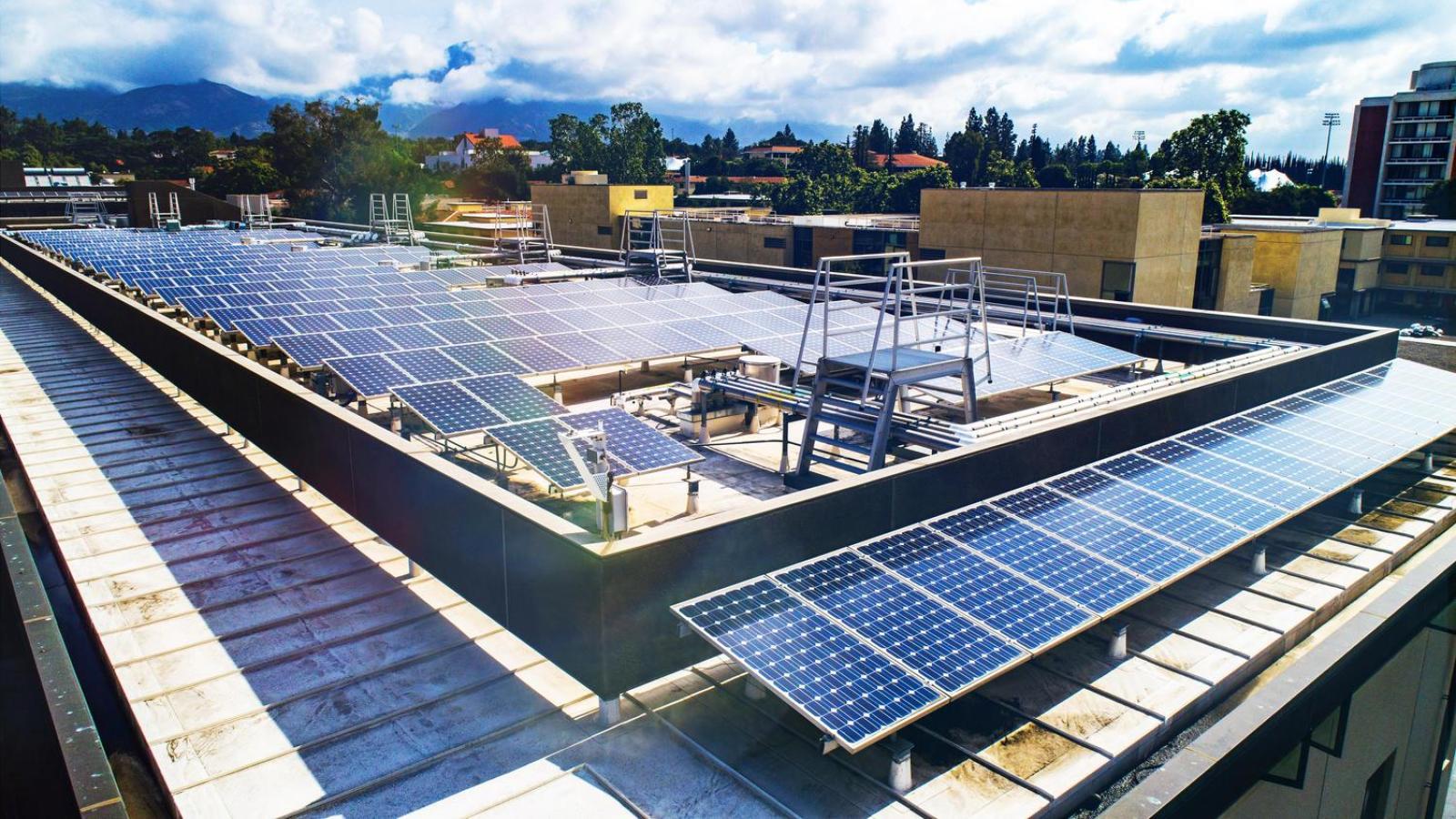 Solar panels on a campus building roof