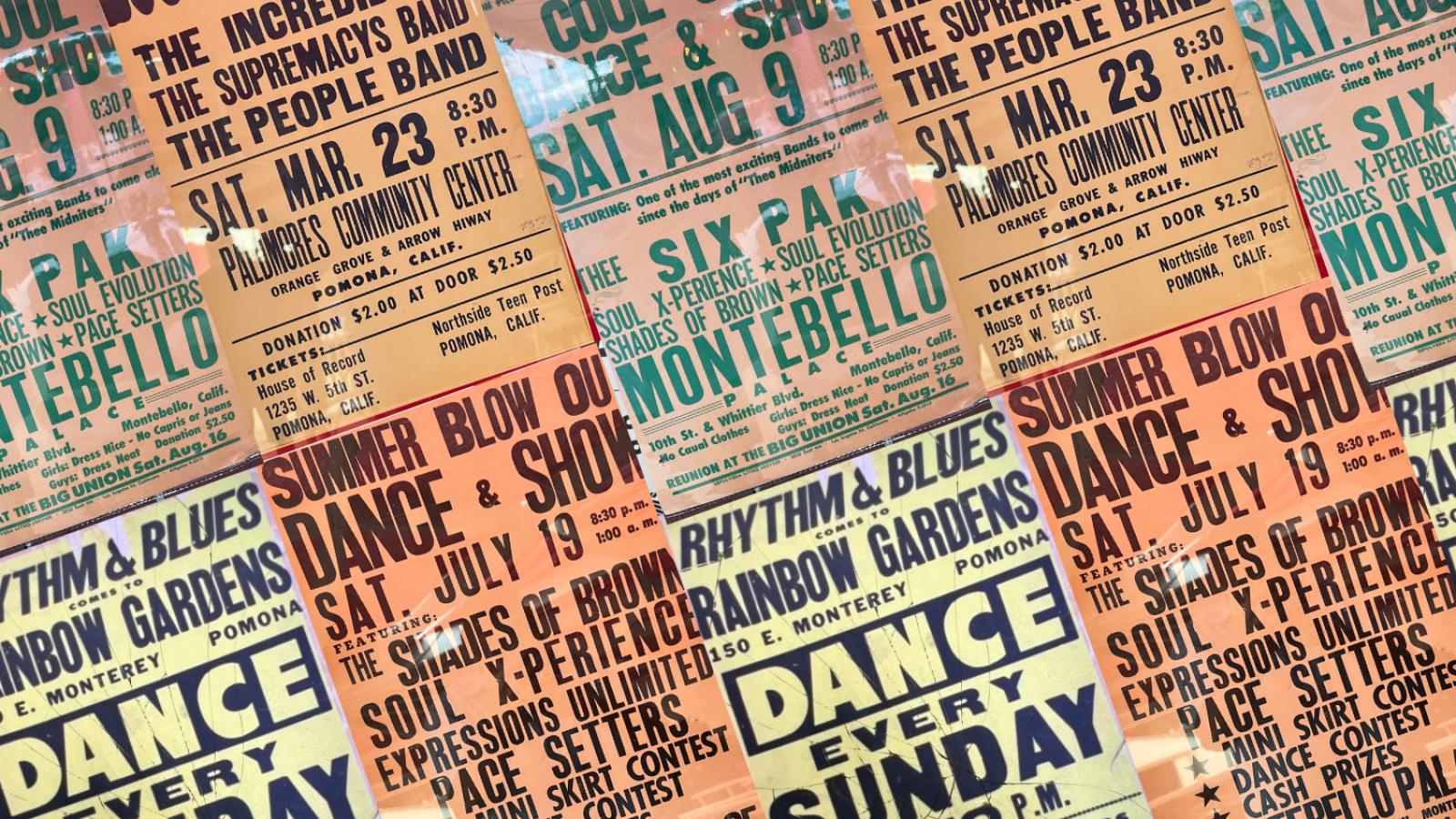 Montage of vintage posters for music events