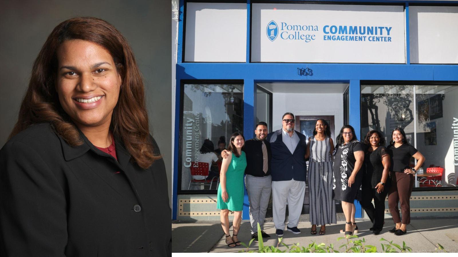 April Mayes Headshot along with Photo of Her and Draper Center Staff at the Pomona College Community Engagement Center