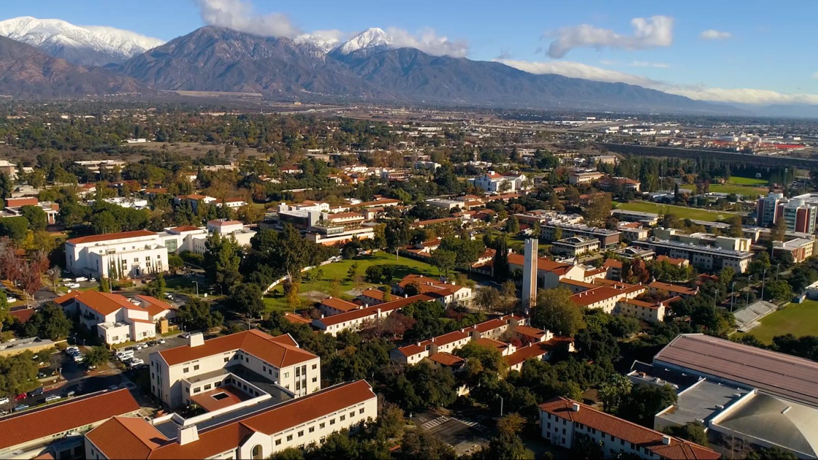 Drone shot of Pomona College with the mountains in the background