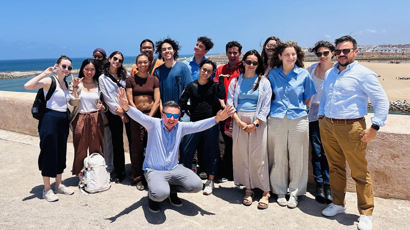 Pomona students and professor near the beach in Casablanca, Morocco