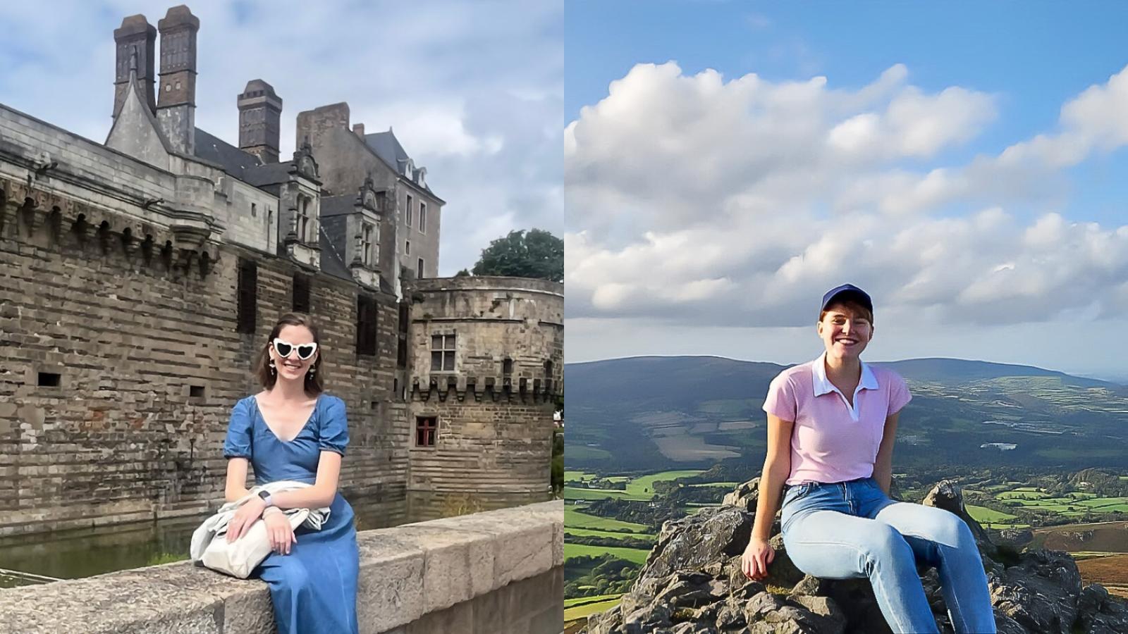 Katie Stuart seated in front of chateau in Nantes, France and Willa Albrecht sitting atop a hill in Ireland