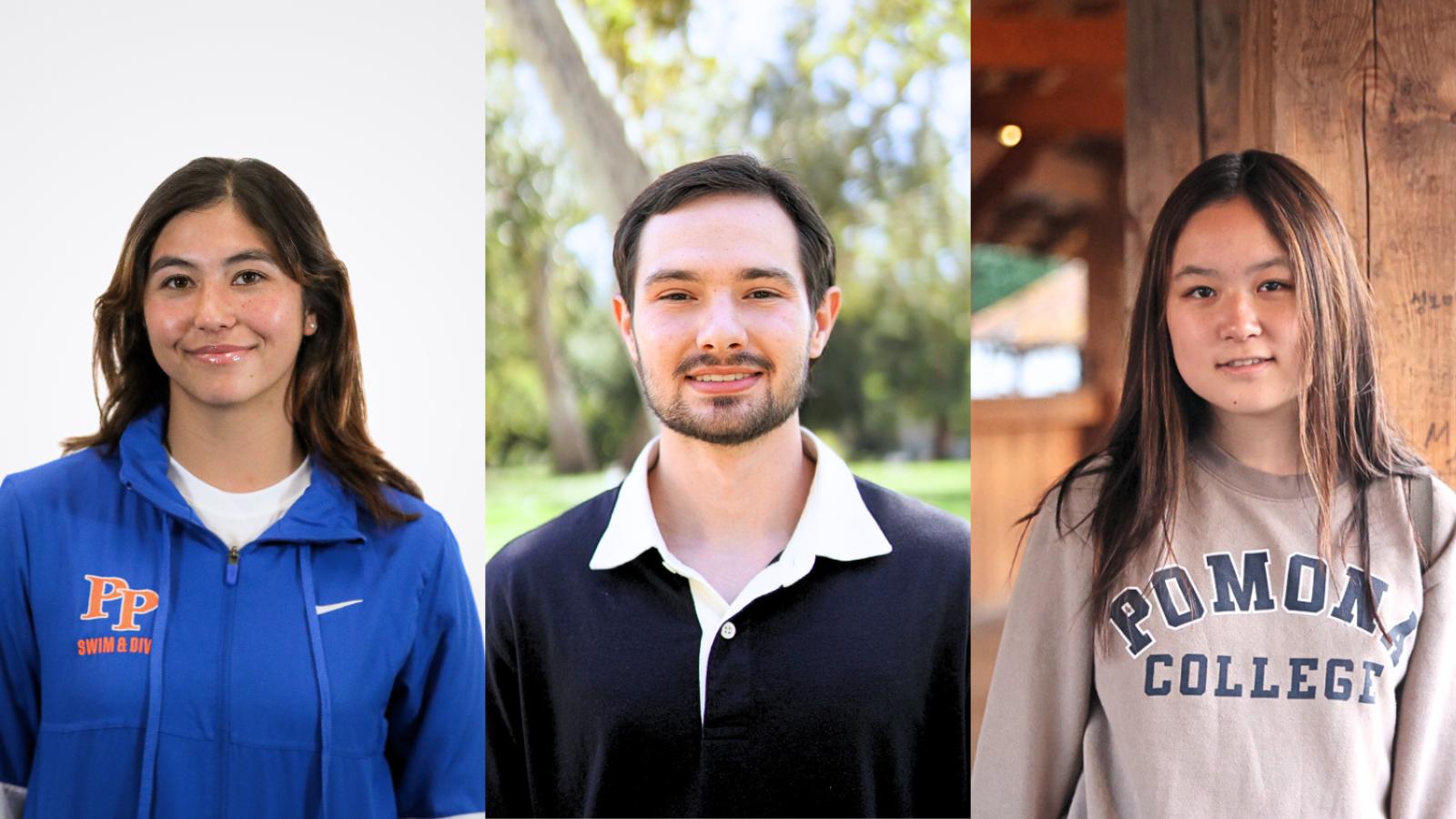 Photos of Pomona College students May Ling Roberts, Gage Wrye and Maya Zhan