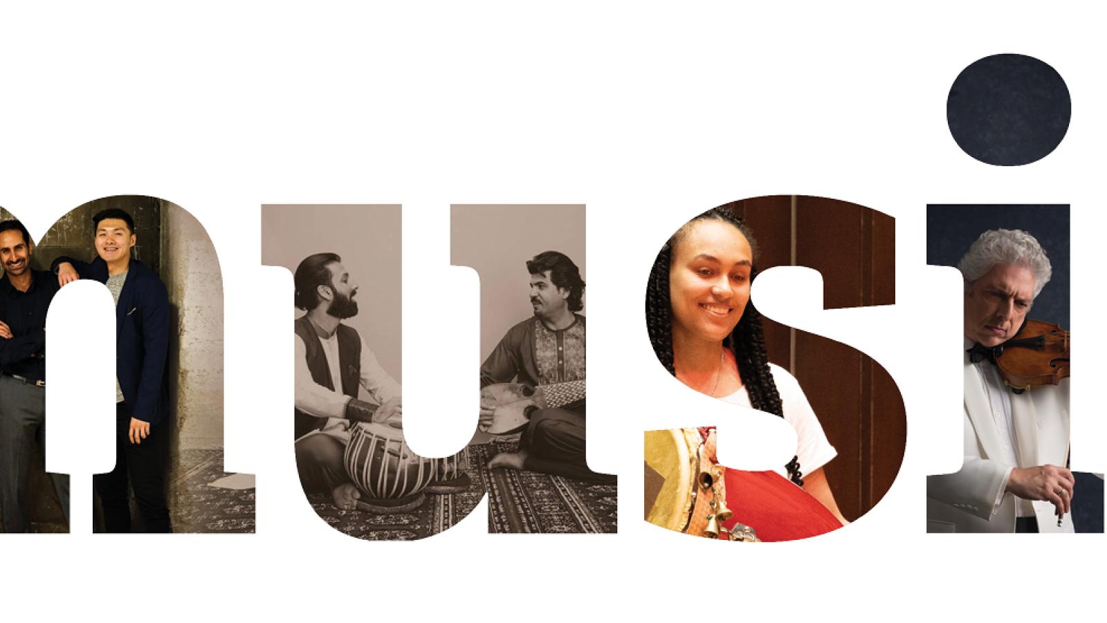 Music letters filled with images of musicians playing or smiling