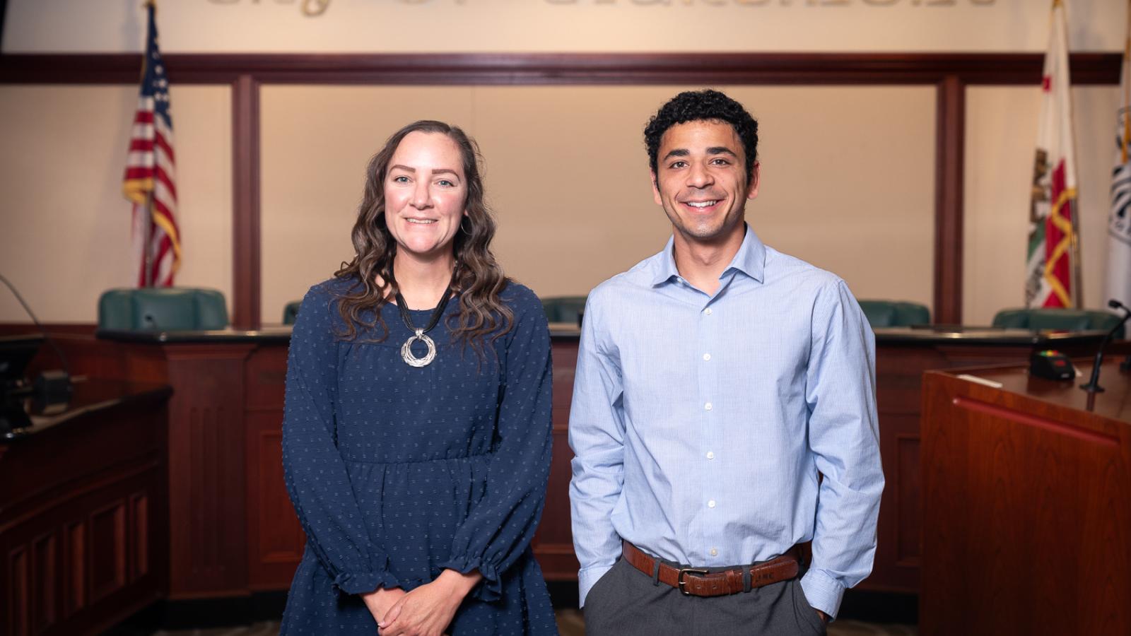Claremont Deputy City Manager Katie Want stands with Josh Crowley '27 inside Claremont City Hall
