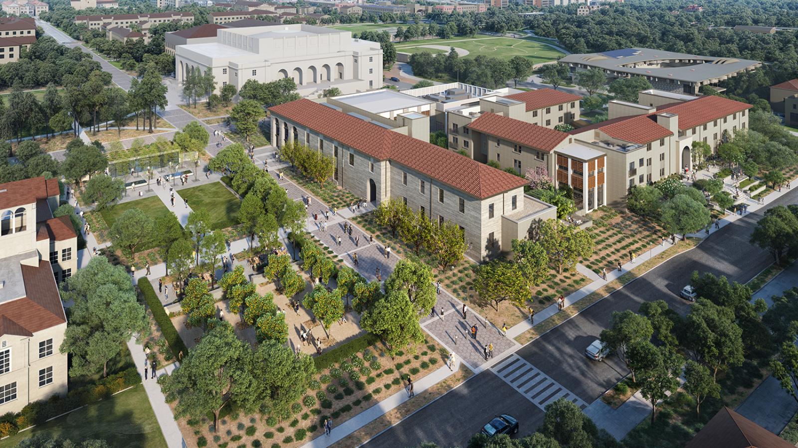 Aerial rendering of the new Center for Global Engagement building and landscaping
