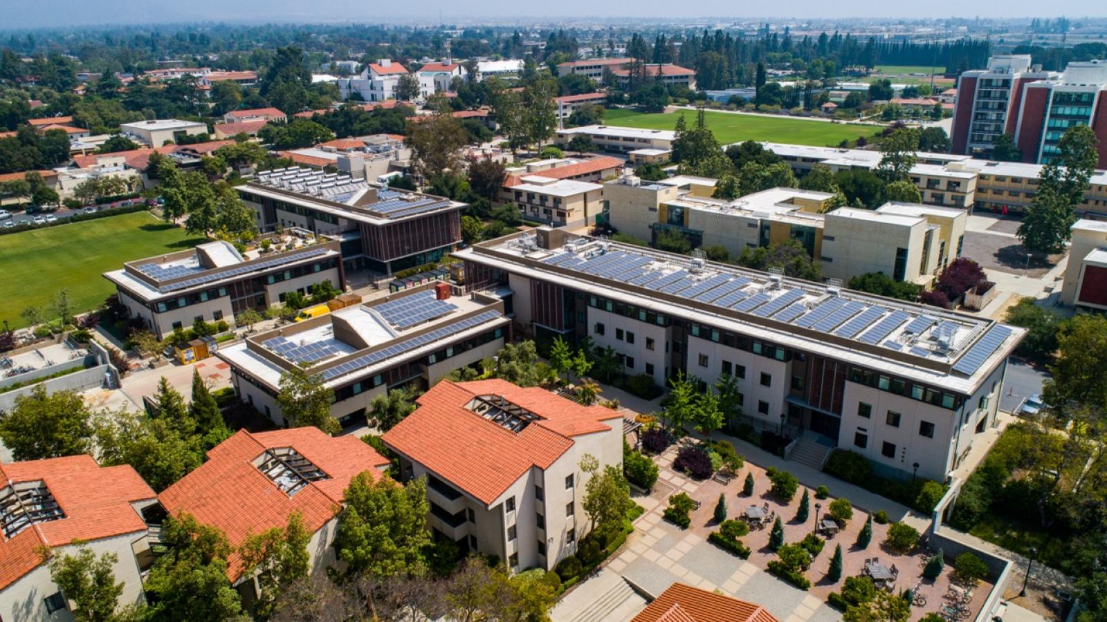 Aerial shot of buildings with rooftop solar