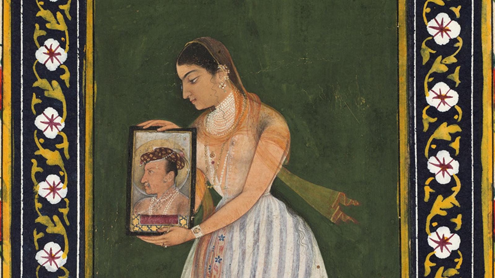 Nur Jahan, holding a portrait of Emperor Jahangir, ca. 1627 painting