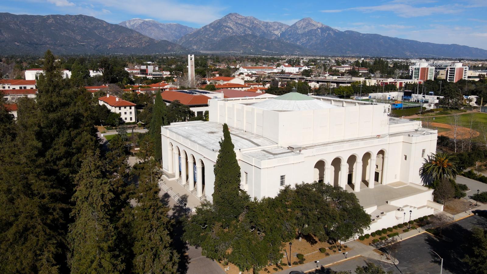 Aerial view of Bridges Auditorium at Pomona College