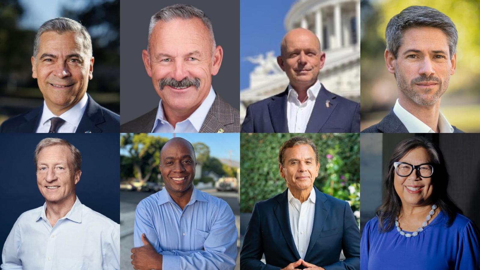 Portrait grid, clockwise from top left: Xavier Becerra, Chad Bianco, Steve Hilton, Matt Mahan, Tom Steyer, Tony Thurmond, Antonio Villaraigosa, and Betty Yee